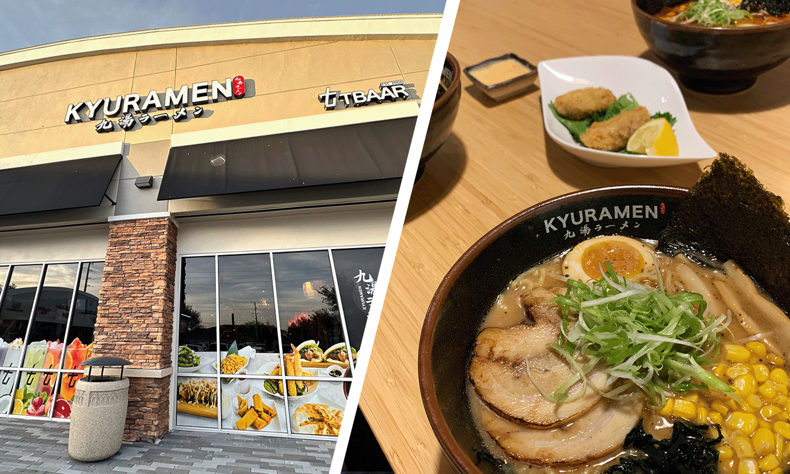 two images with one in front of restaurant building and the other a bowl of ramen